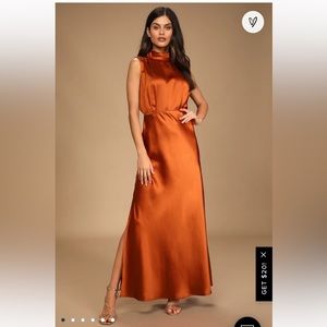 Lulu’s Classic Elegance Copper Satin Sleeveless Mock Neck Maxi Dress